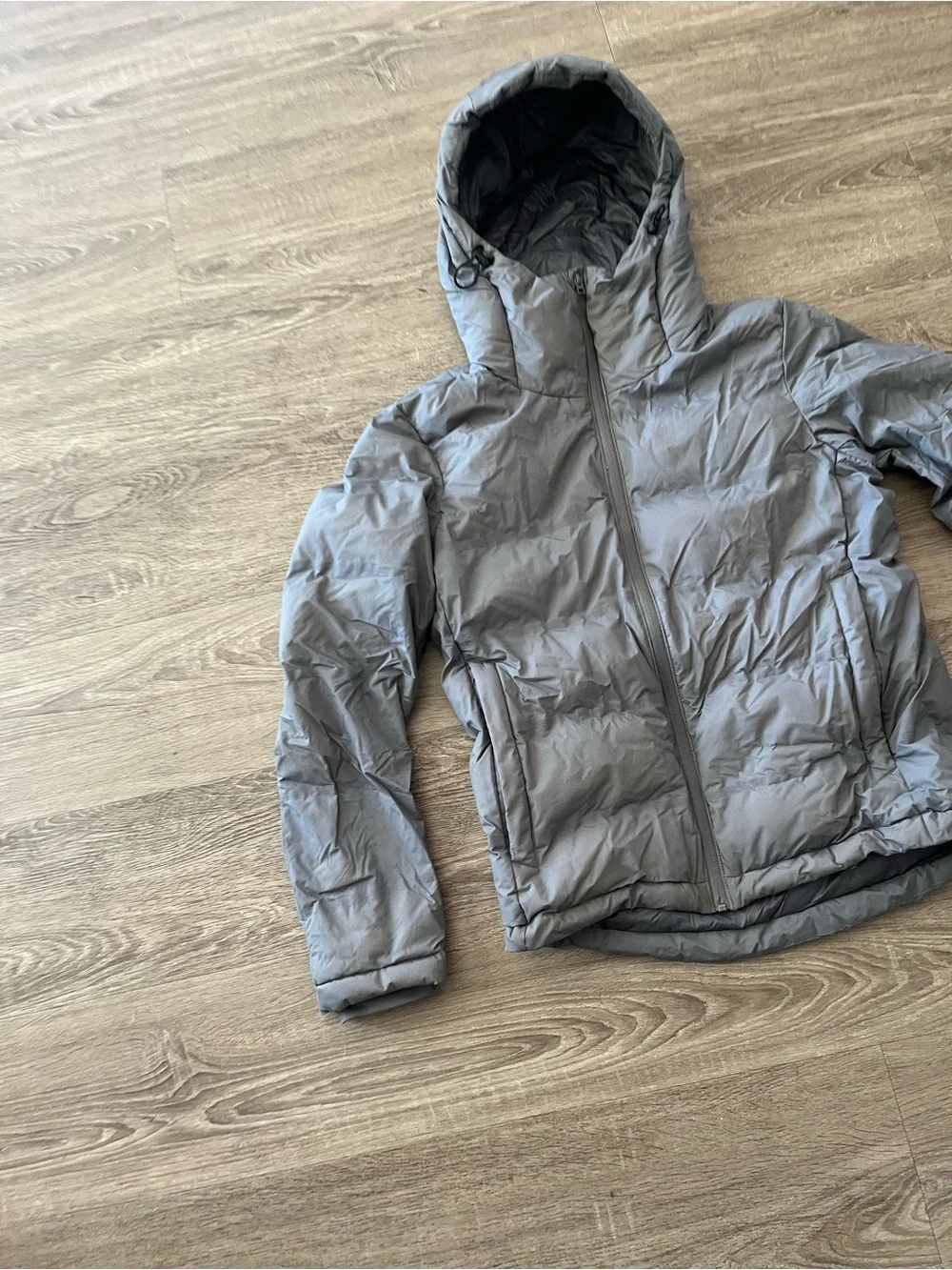 Uniqlo Down Puffer Winter Jacket Seamless Parka Mens Small Gray Hooded 2015